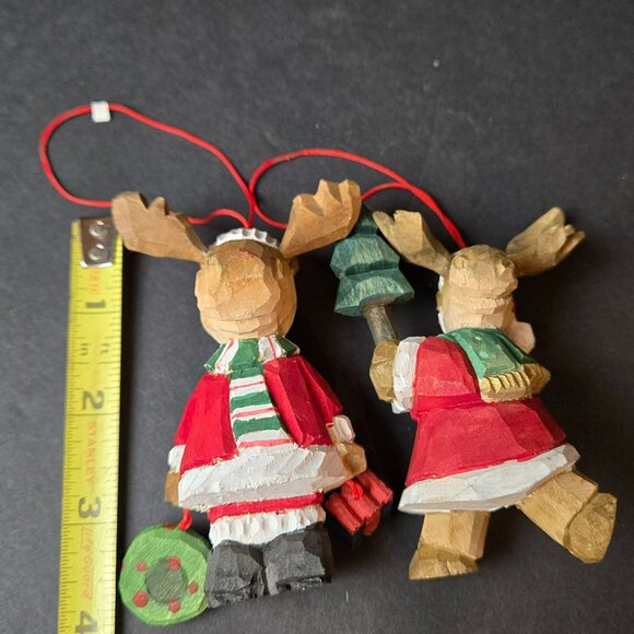 Hand Carved Wooden Moose Ornaments Christmas Santa Red Coat Scandinavian 4" Pair - Picture 7 of 8